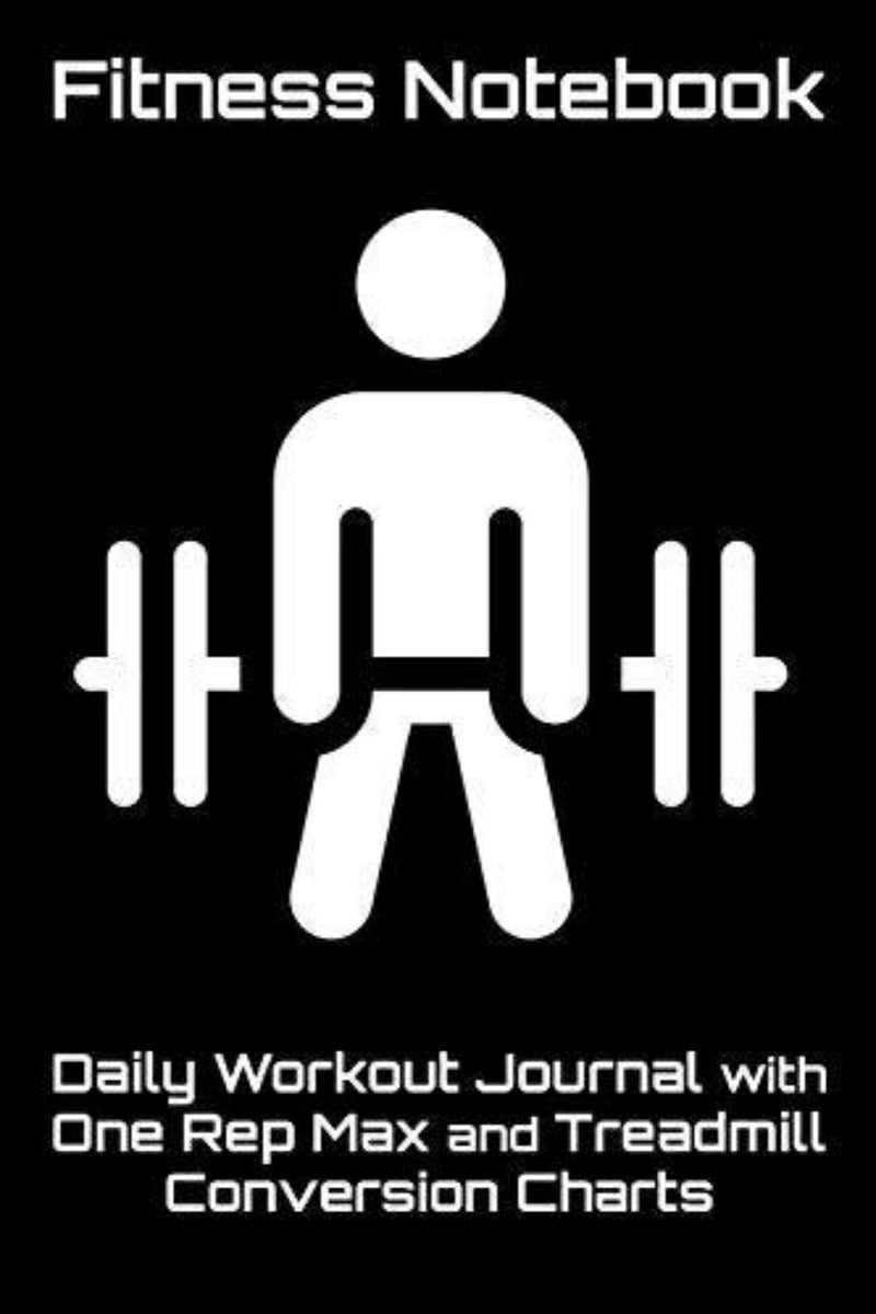 Load image into Gallery viewer, Het &quot;Fitness Notebook: Daily Workout Journal with One Rep Max and Treadmill Conversion Charts (Black)&quot; heeft een silhouet van een halterbank op de cover, ideaal voor het bijhouden van trainingen met de strakke zwarte achtergrond.
