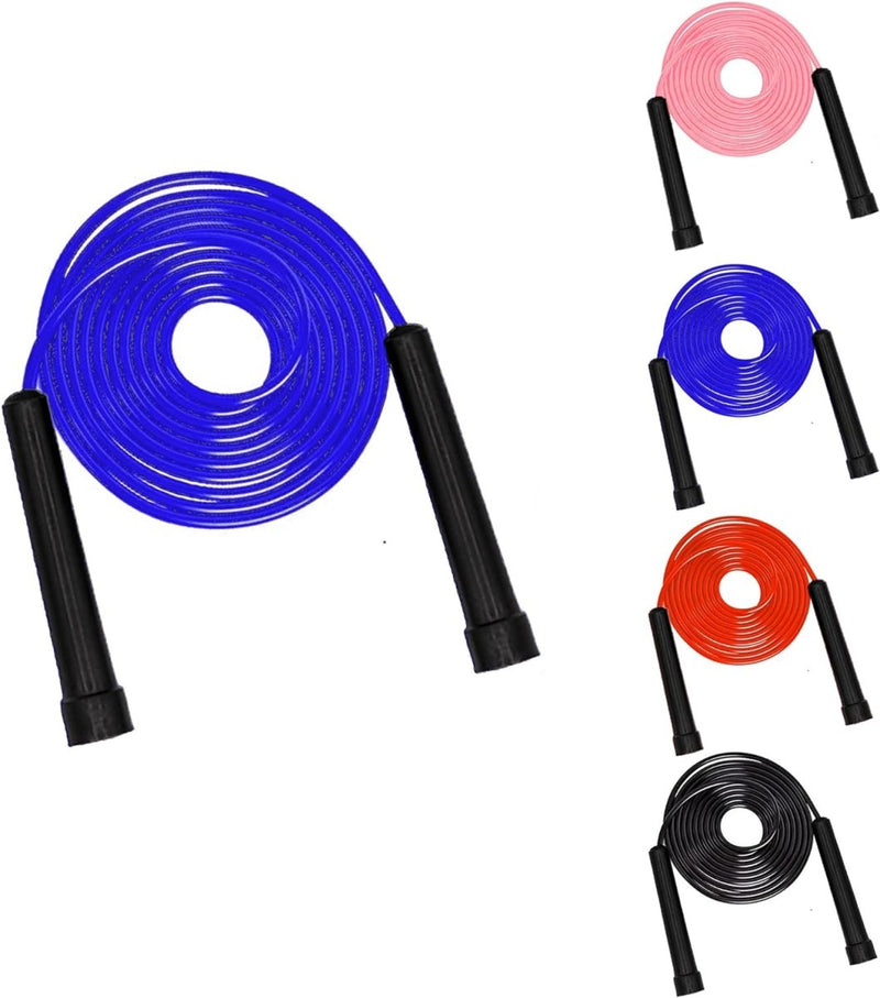 Load image into Gallery viewer, Vijf &quot;Verbrand vet en verbetering je conditie met ons fitness springtouw&quot; met zwarte antisliphandgrepen worden verticaal weergegeven op een witte achtergrond in de kleuren blauw, roze, rood, oranje en zwart.
