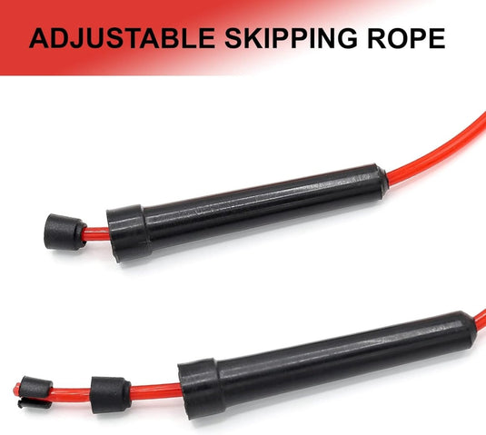 Rood en zwart Verbrand vet en verbetering je conditie met ons fitness springtouw met verstelbare lengte, antisliphandvatten en lange handvatten tegen een witte achtergrond.
