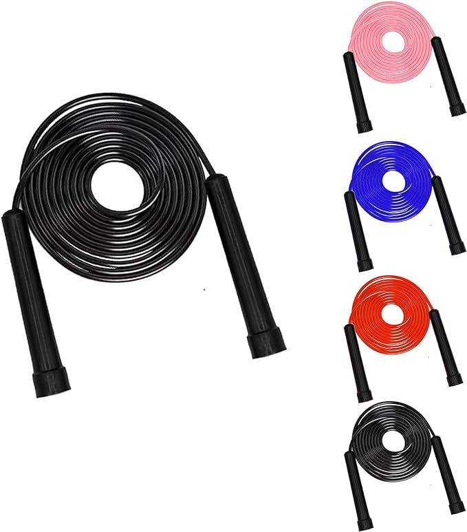 Load image into Gallery viewer, Aan de linkerkant zit het zwarte fitness springtouw met antislip handgrepen. Rechts tonen kleinere afbeeldingen een Verbrand dierenarts en verbetering je conditie met ons fitness springtouw in roze, blauw, rood en nog een zwarte versie.
