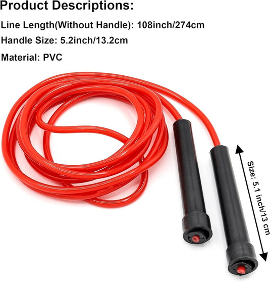 Het Verbrand vet en verbetering je conditie fitness springtouw is voorzien van een 300 cm lang rood PVC touw met zwarte antisliphandvatten van elk 15,5 cm.