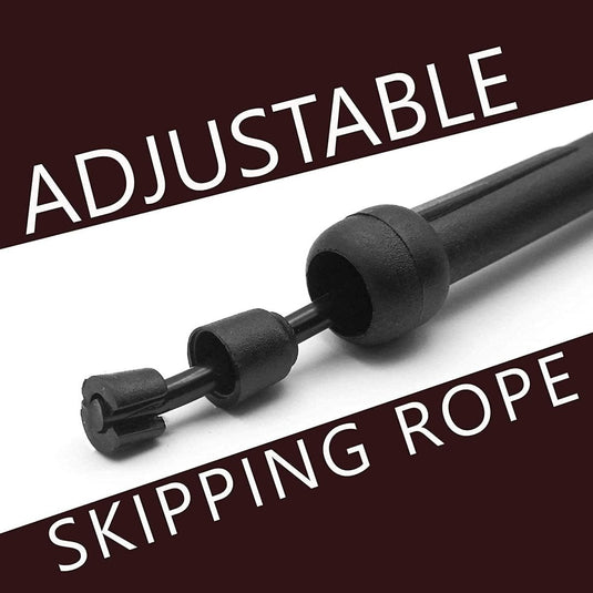 Close-up van een verstelbaar springtouw tegen een donkere achtergrond met vetgedrukte tekst: "VERSTELBAAR SPRINGTOUW" en antislip handgrepen voor betere grip. Productnaam: Verbrand dierenarts en verbetering van je conditie met ons fitness springtouw.
