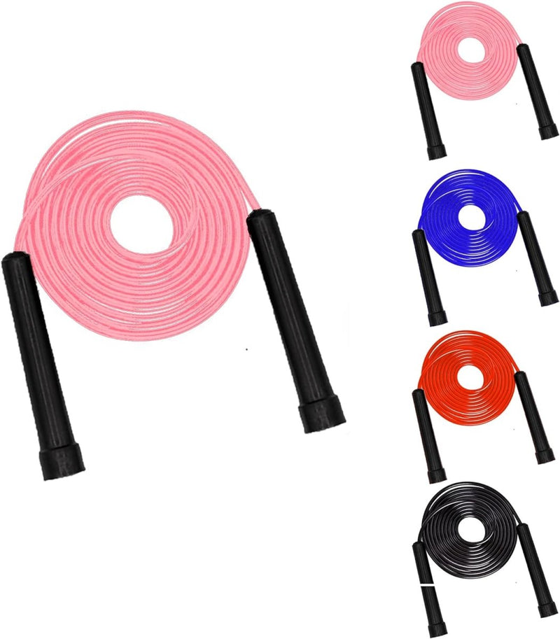 Load image into Gallery viewer, Vijf &quot;Verbrand vet en verbetering je conditie met ons fitness springtouw&quot; in roze, blauw, rood, oranje en zwart met antislip handgrepen en strakke zwarte handgrepen naast elkaar weergegeven.
