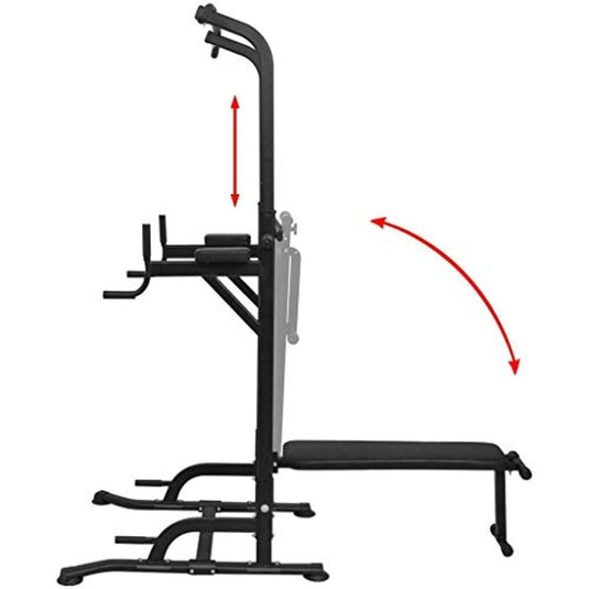 Zijaanzicht van het Krachtstation voor thuis, met een optrekstang, dipgrepen en een opvouwbare bank. Rode pijlen benadrukken de verstelbare onderdelen in dit ruimtebesparende ontwerp, perfect voor full-body workouts.