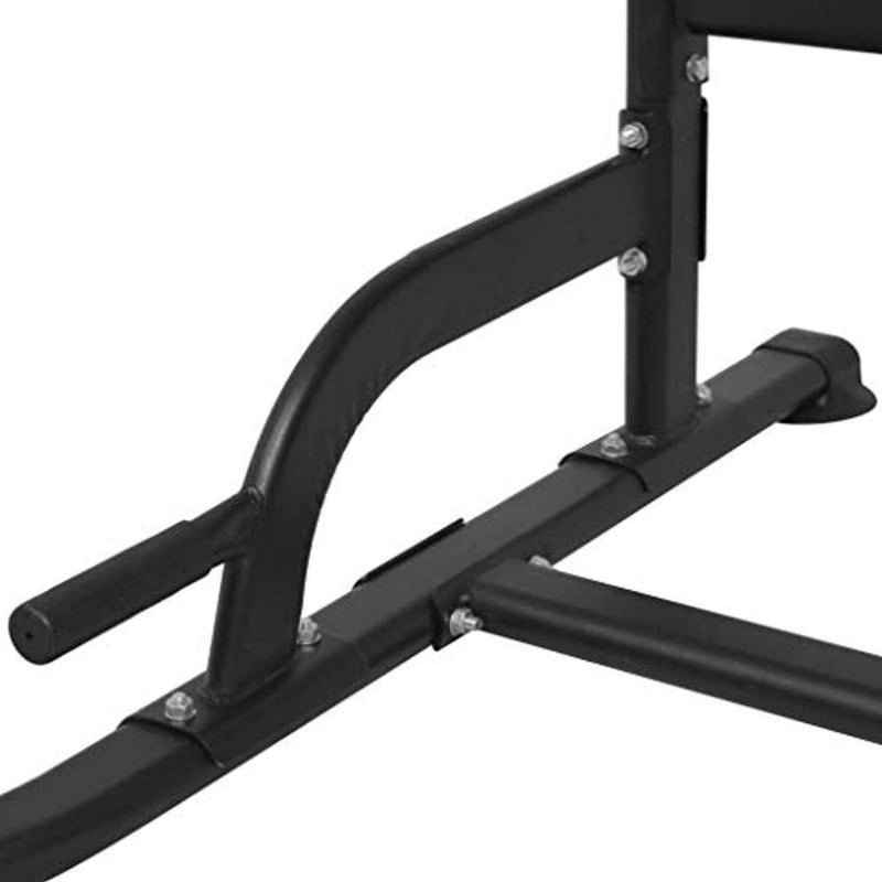 Laad afbeelding in Galerijviewer, Close-up van een zwart metalen frame met bouten, soepel geïntegreerd in het &quot;Krachtstation voor thuis: Train je hele lichaam met deze veelzijdige en duurzame toren!&quot; lijkt op fitnessapparatuur, met een horizontaal oppervlak met een uitstekende handgreep voor trainingen van het hele lichaam.
