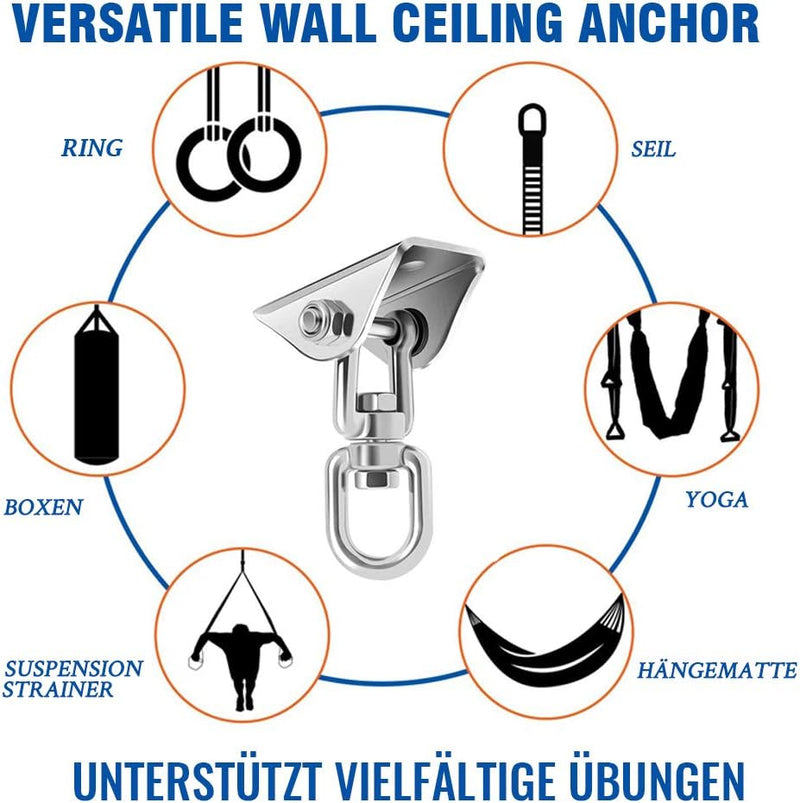 Laad afbeelding in Galerijviewer, Geïllustreerd diagram van een veelzijdig plafondanker gemaakt van roestvrij staal, ideaal voor ringen, touwen, boksen, yoga, Suspension Trainer en hangmat. Het beschikt over 360 graden draaibaar hangmathaken en bijbehorende iconen. De Duitse tekst benadrukt steun voor geniete met deze hangmathaken!.
