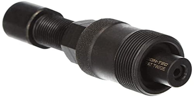 Laad afbeelding in Galerijviewer, De Cranktrekker voor wielrennen is een donker metallic gereedschap met schroefdraad en een centrale bout, ideaal voor fietsonderhoud.
