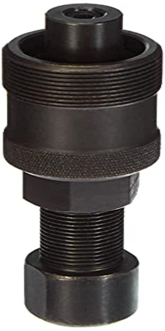 Een zwart, cilindervormig metalen gereedschap met schroefdraad en een zeshoekige voet, ideaal voor liefhebbers van fietsonderhoud. Het is de "Cranktrekker voor wielrennen: Onmisbaar voor soepele reparaties en onderhoud!.