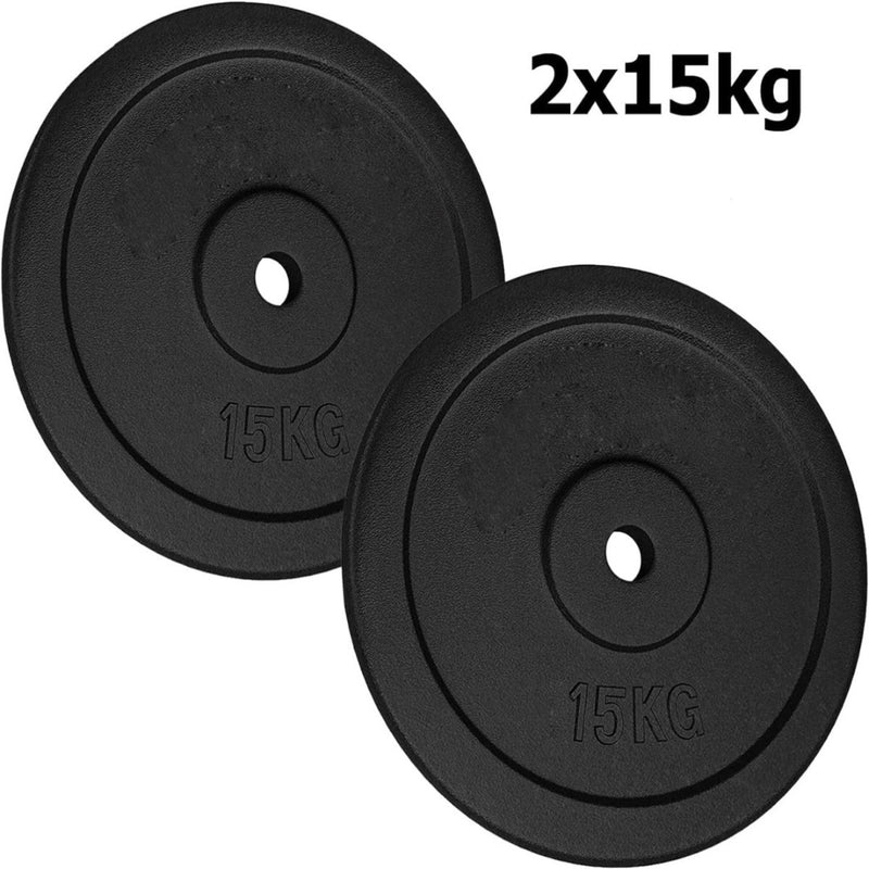 Load image into Gallery viewer, Twee zwarte gietijzeren halterschijven, elk 15 kg, met het opschrift &quot;2x15kg&quot;, zijn voorbeelden van duurzame fitnessaccessoires en zijn de perfecte aanvulling op uw homegym of sportschool.
