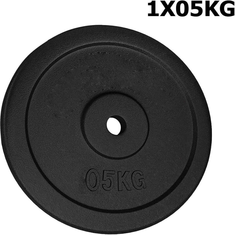 Load image into Gallery viewer, Een zwarte gietijzeren halterschijf van 5 kg wordt getoond tegen een witte achtergrond, wat de duurzame constructie laat zien. &quot;1X05KG&quot; verschijnt in de rechterbovenhoek en benadrukt zijn plaats tussen verschillende gewichten. Ideaal voor homegym of sportschool.
