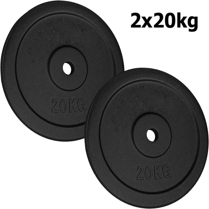 Load image into Gallery viewer, Twee zwarte 20 kg gietijzeren halterschijven worden naast elkaar op een witte achtergrond getoond. De tekst &quot;2x20kg&quot; rechtsboven markeert ze als duurzame fitnessaccessoires, ideaal voor elke routine en perfect voor uw homegym of sportschool.
