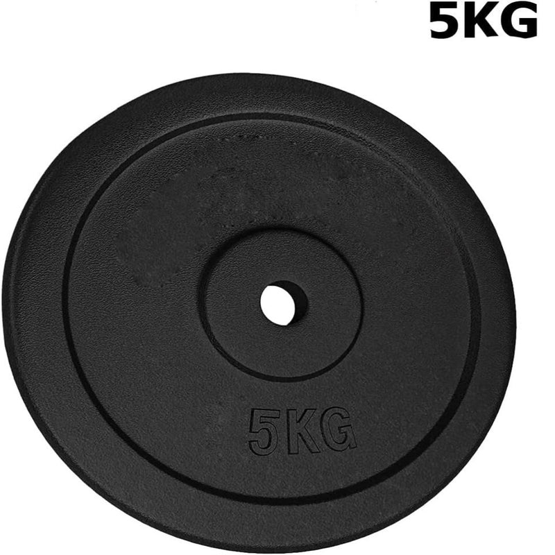 Load image into Gallery viewer, Een zwarte halterschijf van 5 kg met centraal gat, vakkundig vervaardigd, maakt deel uit van de collectie &quot;Gietijzeren halterschijven: de perfecte aanvulling voor je homegym of sportschool&quot;, ideaal voor fitness en gewichtheffen.
