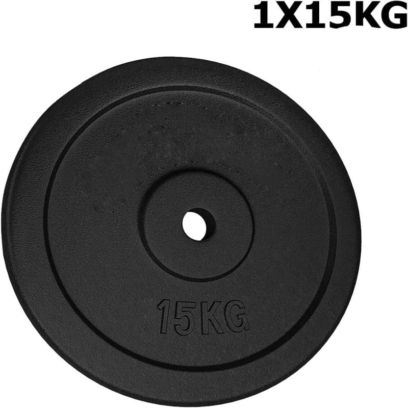 Load image into Gallery viewer, De 15kg gietijzeren halterschijf is duurzaam, heeft een centraal gat, is gelabeld met &quot;15KG&quot; en past bij elk fitnessniveau of routine. Het is een ideale aanvulling op uw homegym of sportschooluitrustingscollectie.
