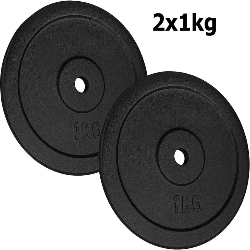 Load image into Gallery viewer, Twee zwarte gietijzeren halterschijven, beide met het opschrift &quot;1 KG&quot;, staan naast elkaar met &quot;2x1kg&quot; erboven, met duurzame fitnessaccessoires: Gietijzeren halterschijven - de perfecte aanvulling voor je homegym of sportschool.
