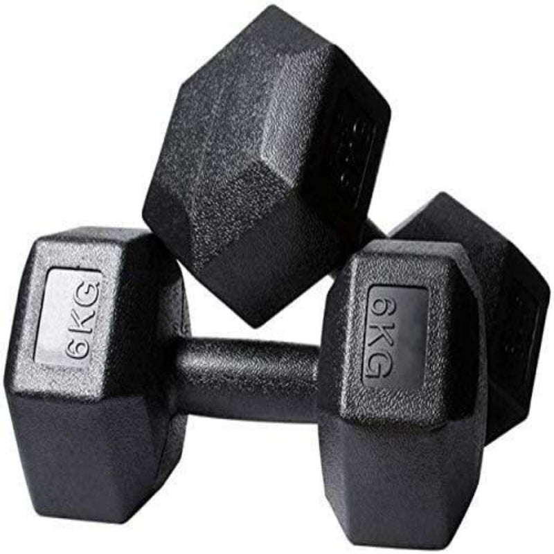 Load image into Gallery viewer, Twee milieuvriendelijke zeshoekige dumbbells, elk 6 kg, zijn gestapeld op een witte achtergrond, waardoor ze met hun duurzame ontwerp reclame maken voor oneerlijke dumbbells. Product: Transformeer je lichaam en bescherm het milieu met onze milieuvriendelijke dumbbellset!.
