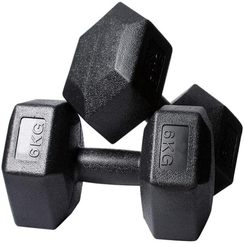 Load image into Gallery viewer, Twee zwarte zeshoekige dumbbells van 6 kg netjes gestapeld, perfect voor gewichtsverlies en milieuvriendelijk met duurzaamheid in gedachten, uit onze &quot;Transformeer je lichaam en bescherm het milieu met onze ecovriendelijke dumbbellset!.
