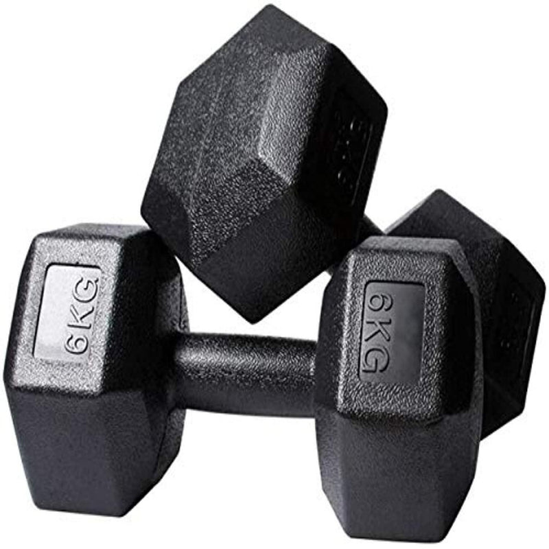 Load image into Gallery viewer, Twee zwarte zeshoekige dumbbells van 6 kg, op elkaar gestapeld, ondersteunen uw fitnessdoelen en sluiten aan bij duurzame praktijken. Transformeer je lichaam en bescherm het milieu met onze milieuvriendelijke dumbbellset!.
