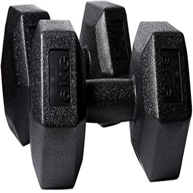 Load image into Gallery viewer, Twee Transformeer je lichaam en bescherm het milieu milieuvriendelijke zwarte zeshoekige dumbbells, elk 5 kg, rusten op een witte ondergrond.
