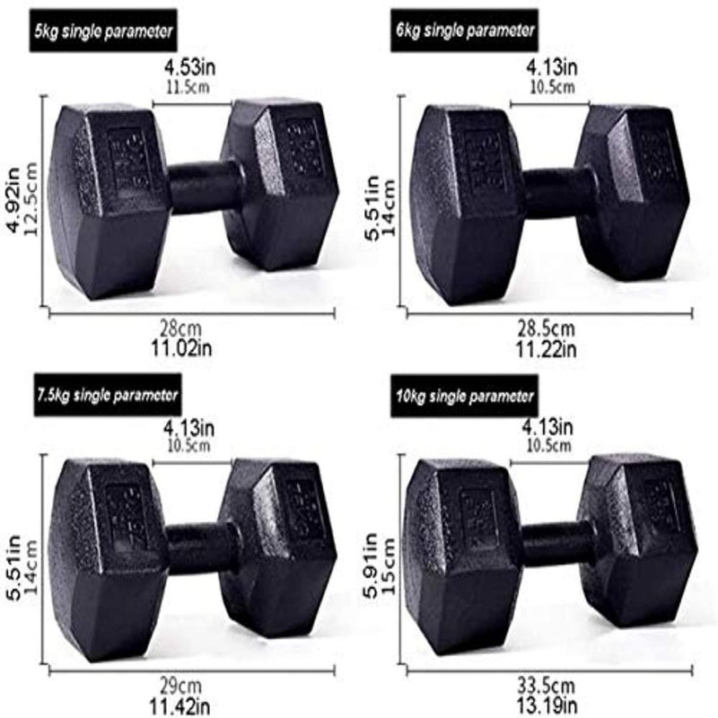 Load image into Gallery viewer, De Transformeer je lichaam dumbbellset bevat vier zwarte ecovriendelijke zeshoekige dumbbells met de labels 5 kg, 6 kg, 7,5 kg en 10 kg, met afmetingen en gewichtsdetails om de duurzaamheid te benadrukken en de gewichten te promoten.
