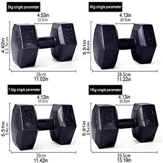 De Transformeer je lichaam dumbbellset bevat vier zwarte ecovriendelijke zeshoekige dumbbells met de labels 5 kg, 6 kg, 7,5 kg en 10 kg, met afmetingen en gewichtsdetails om de duurzaamheid te benadrukken en de gewichten te promoten.