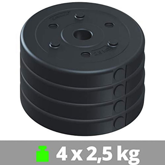Een duurzame set van vier op elkaar gestapelde zwarte halterschijven, gelabeld 4 x 2,5 kg, ideaal voor krachttraining en een perfecte aanvulling op de Halterschijven set van 10 kg: de perfecte manier om je krachttraining te verbeteren.