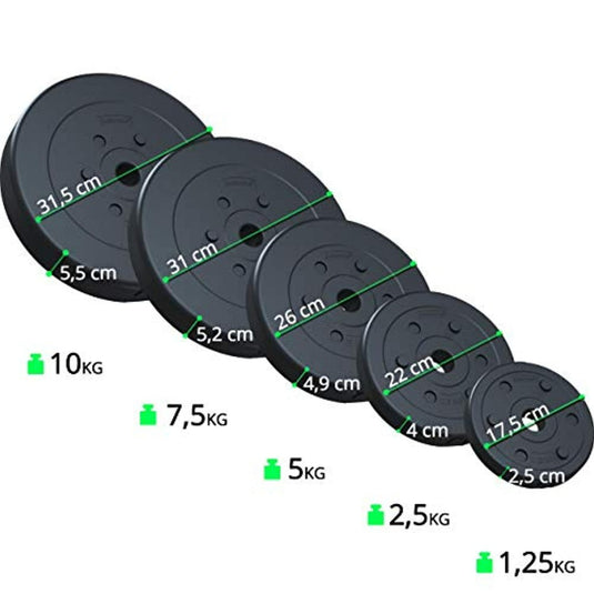 De "Halterschijven set van 10kg" bevat vijf zwarte schijven met de volgende gelabelde afmetingen: 10kg (31,5cm), 7,5kg (26cm), 5kg (22cm), 2,5kg (17,5cm) en 1,25kg (12,5cm). Deze schijven zijn ideaal voor krachttraining en zorgen voor duurzaamheid tijdens trainingen.