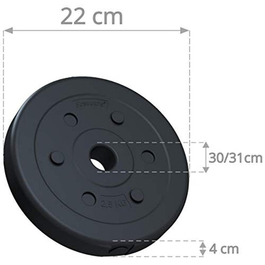 Introductie van een duurzame zwarte halterschijf van 2,5 kg, ideaal voor krachttraining, met afmetingen van 22 cm diameter, 4 cm dikte en een omtrek van het labelgebied van 30/31 cm. Perfecte aanvulling op de Halterschijven set van 10kg: de perfecte manier om je krachttraining te verbeteren.