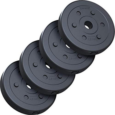 De Halterschijven set van 10kg bestaat uit vier 2,5 kg zwarte halterschijven met gaten in het midden, ideaal voor krachttrainingssessies.