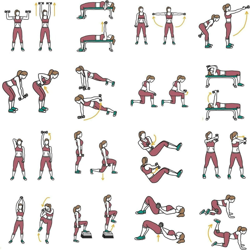 Load image into Gallery viewer, Een raster met illustraties toont een vrouw die oefeningen uitvoert zoals squats, lunges en push-ups, waarbij ze de Verstelbare halterset van 20 kg voor krachttraining thuis gebruikt voor haar armheffingen met dumbbells.

