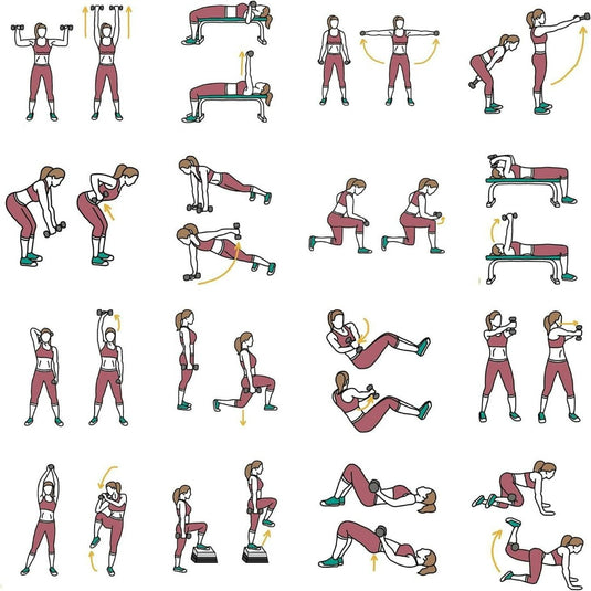 Een raster met illustraties toont een vrouw die oefeningen uitvoert zoals squats, lunges en push-ups, waarbij ze de Verstelbare halterset van 20 kg voor krachttraining thuis gebruikt voor haar armheffingen met dumbbells.
