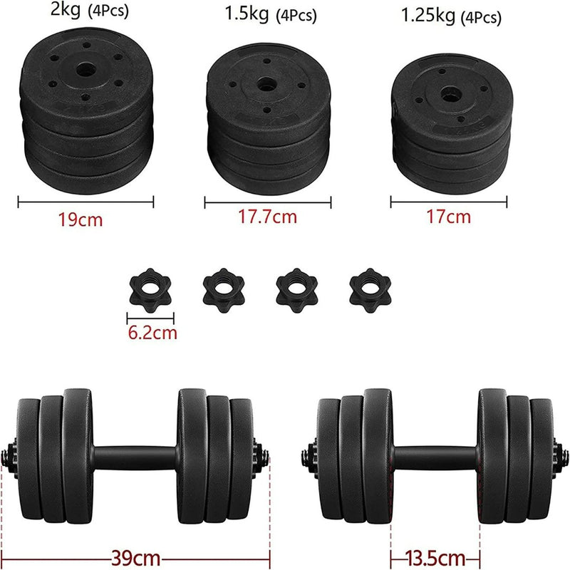 Load image into Gallery viewer, Verstelbare halterset van 20 kg voor krachttraining thuis: bevat vier dumbbells (2kg, 1.5kg, 1.25kg), vijf sluitingen en een essentiële halterstang. Twee stangen aanwezig: één van 39 cm met gewichten en een van 13,5 cm. Afmetingen in centimeter weergegeven.

