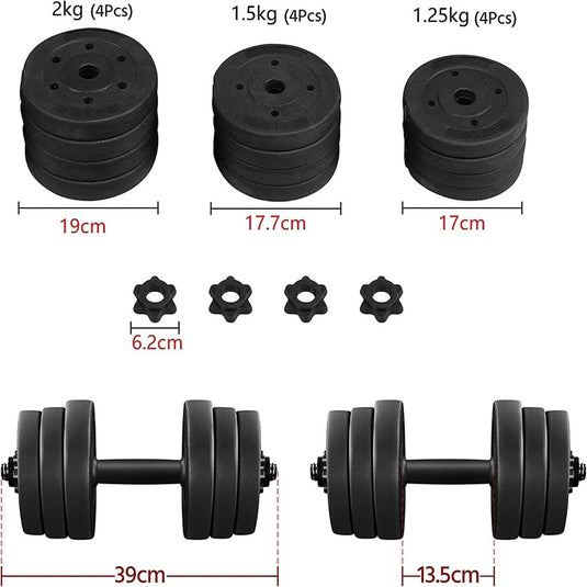 Verstelbare halterset van 20 kg voor krachttraining thuis: bevat vier dumbbells (2kg, 1.5kg, 1.25kg), vijf sluitingen en een essentiële halterstang. Twee stangen aanwezig: één van 39 cm met gewichten en een van 13,5 cm. Afmetingen in centimeter weergegeven.