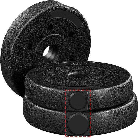 De Verstelbare halterset van 20 kg voor krachttraining thuis bestaat uit drie gestapelde zwarte halterschijven, vergezeld door een paar kleine rood omrande cilindervormige opzetstukken, perfect voor fitnessliefhebbers die op zoek zijn naar veelzijdige trainingen.