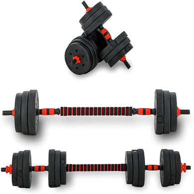 Verstelbare dumbbells en een halterset met zwarte gewichten en rode accenten, ideaal voor thuistraining en krachttraining, van opzij afgebeeld en gestapeld.