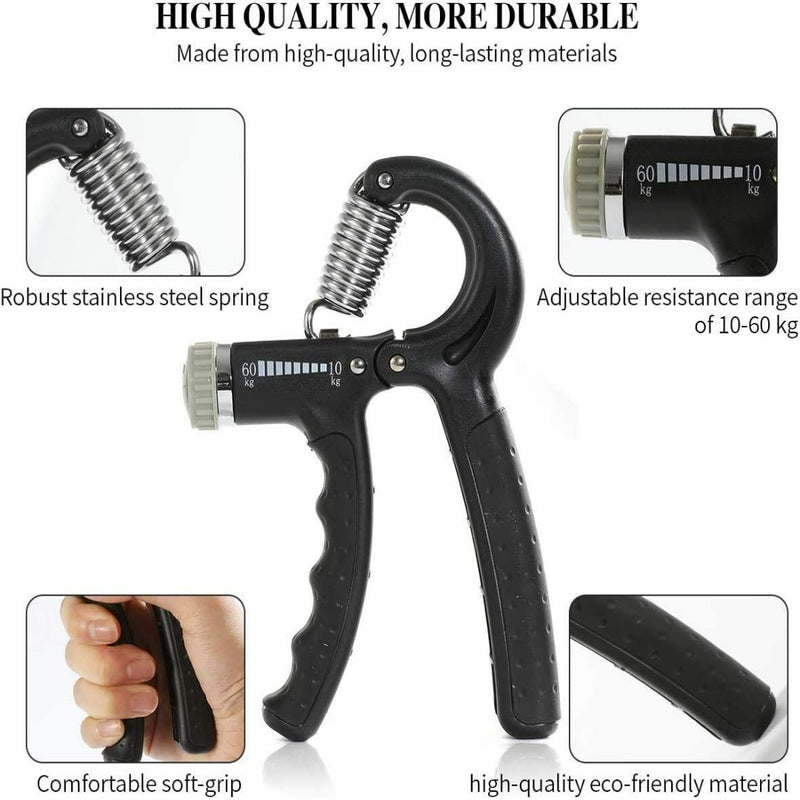 Laad afbeelding in Galerijviewer, De verstelbare handknijper &quot;Krijg een ijzersterke grip&quot; heeft een comfortabele soft-grip en robuuste industriële veer, ideaal om grip te verbeteren en pols- en armspieren te versterken. Inclusief close-up inzetstukken van de unieke kenmerken.
