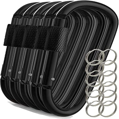 Set van vijf zwarte aluminium karabijnhaken met schroefsloten voor buitenactiviteiten, plus zilveren sleutelhangers. Product: Veiligheid en veelzijdigheid onderweg: Ontdek onze hoogwaardige aluminium karabijnhaken.