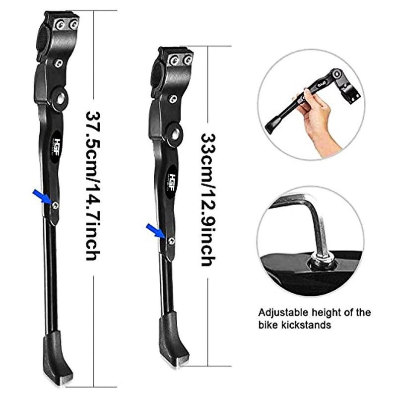 Laad afbeelding in Galerijviewer, Ontdek twee verstelbare MTB-standaardfietsstandaards van Happygetfit, met lengtes van 37,5 cm en 33 cm, met een illustratie van de hoogteverstelling, een close-up van de hand voor het maken van aanpassingen en antisliprubber voor veilig parkeren.
