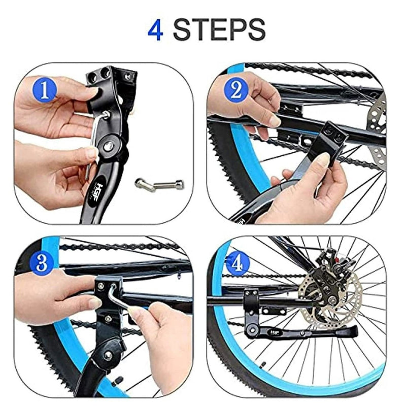 Laad afbeelding in Galerijviewer, Om de Happygetfit MTB Standaard te installeren: 1. Verwijder de schroef; 2. Plaats de verstelbare standaard met antisliprubber aan de achterkant van het frame; 3. Plaats de schroef in het frame; 4. Draai vast om de standaard vast te zetten voor een veilige en stabiele fietsparkeerervaring!.
