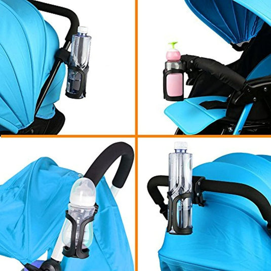 Een kinderwagen met een blauwe kap met afbeeldingen van de Happygetfit bidonhouder zonder schroeven, elk met verschillende flessen. Gemaakt van duurzame materialen, het zorgt voor duurzaamheid voor al uw avonturen.