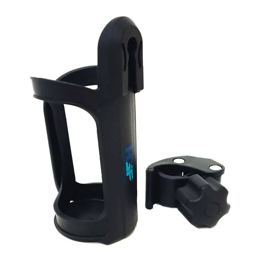 De Happygetfit bidonhouder zonder schroeven is een zwarte fietsbidonhouder gemaakt van duurzaam materiaal, met een verstelbare klem en een blauw Happygetfit logo.