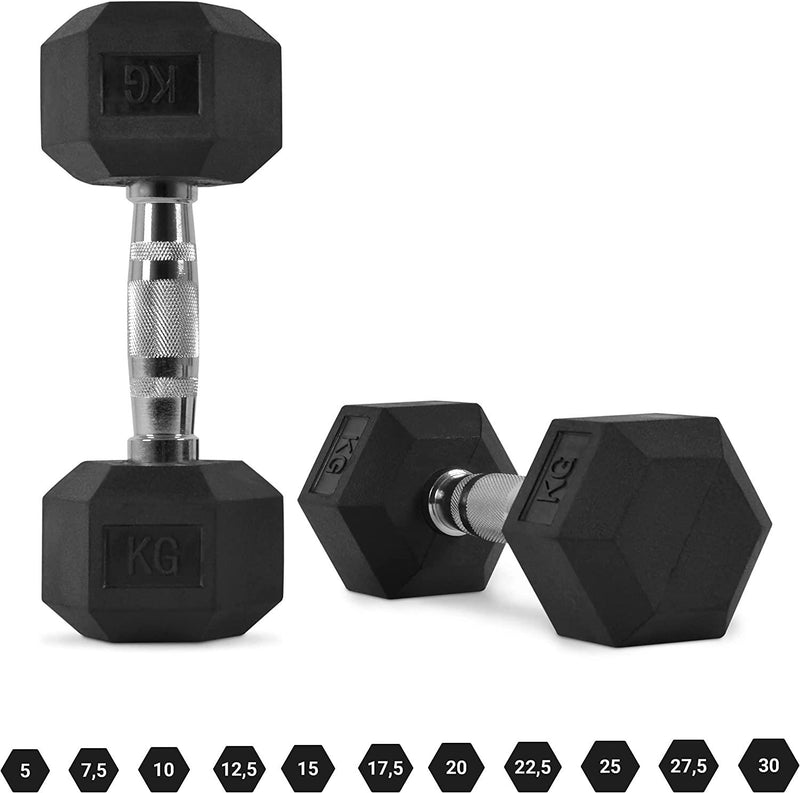 Load image into Gallery viewer, De Hexagon dumbbells, de ultieme allrounder voor je workout, worden op een witte achtergrond weergegeven. De ene staat rechtop en de andere ligt, wat hun duurzame rubberen ontwerp laat zien met gewichten van 5 tot 30 kg, geschikt voor alle fitnessniveaus.
