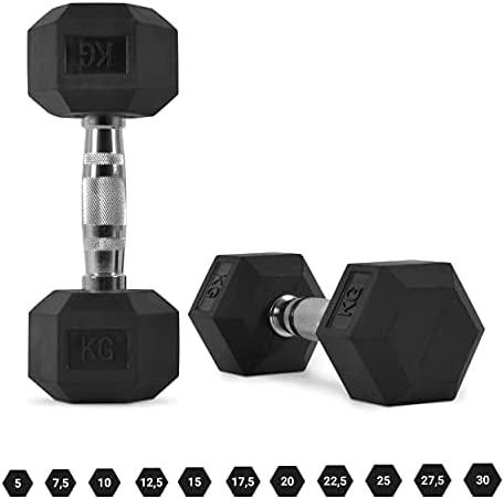 Load image into Gallery viewer, Twee zwarte Hexagon dumbbells, met zilveren handgrepen, benadrukken hun veelzijdigheid en duurzaamheid. De ene staat rechtop, de andere op zijn kant, met een gewichtsbereik van 5-30 kg.
