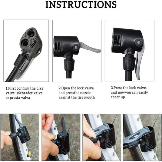 Instructies voor het gebruik van de Verken de horizon compact draagbare hogedruk fietspomp: 1. Controleer het type ventiel. 2. Ontgrendel het ventiel, gebruik het mondstuk op de band. 3. Vergrendel het en pomp snel voor een snelle oppomping. Afbeeldingen leiden u duidelijk door elke stap.