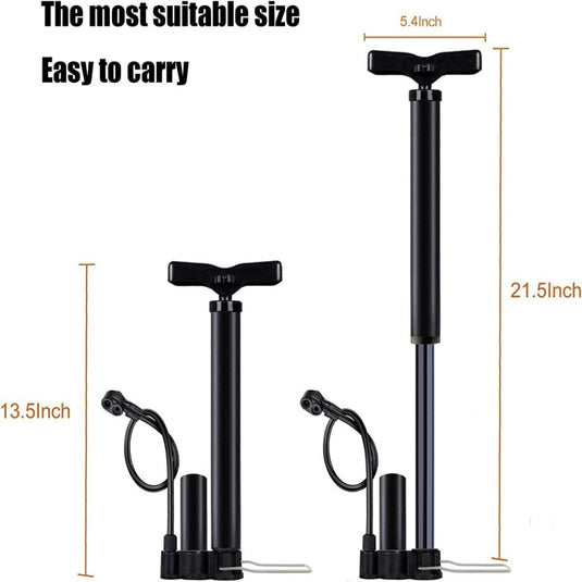 Twee zwarte draagbare luchtpompen, 33,5 cm en 21,5 cm hoog, elk met een slang en handvat voor snelle uitval. De tekst luidt: "Verken de horizon met onze compacte mechanisch hogedruk fietspomp: Eenvoudig oppompen, altijd klaar! Het meest geschikte formaat, gemakkelijk mee te nemen.