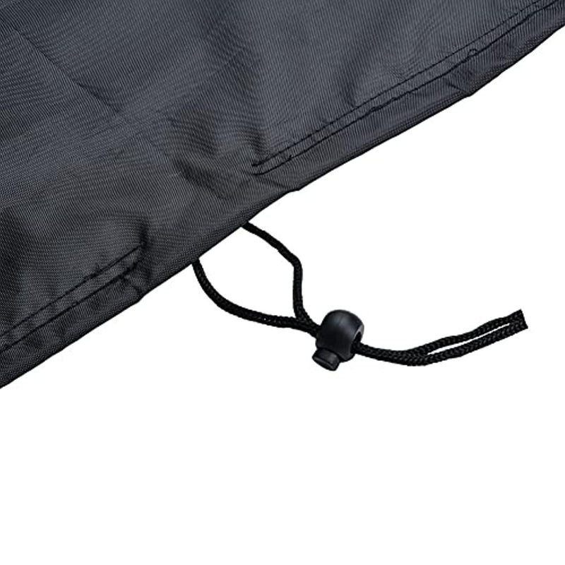 Load image into Gallery viewer, Close-up van de Hometrainer-hoes, gemaakt van duurzaam polyester met stiksels, een trekkoord en een zwarte sluiting. Deze stofdichte, waterdichte en zonwerende hoes biedt betrouwbare bescherming voor rechtopstaande hometrainers en tuinmeubelen.
