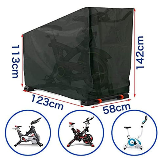Een zwarte hoes voor hometrainers met de afmetingen 123cm x 58cm x 142cm, gemaakt van duurzaam polyesterweefsel. Het is water- en UV-bestendig voor langdurige bescherming. Inclusief drie soorten hometrainers onderaan. Product: Hometrainer, fietsen, tuinmeubelen geschikt voor indoor-fietsen; stofdicht/waterdicht, zonwerend, roterende schoffels.