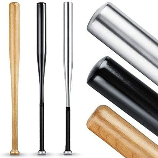 De afbeelding toont vier verticaal weergegeven honkbalknuppels: een houten, een zilveren en twee zwart metallic knuppels vervaardigd uit hoogwaardige materialen. De nadruk ligt op de lopen rechts van de "Sla harder en nauwkeuriger met onze hoogwaardige honkbalknuppel.