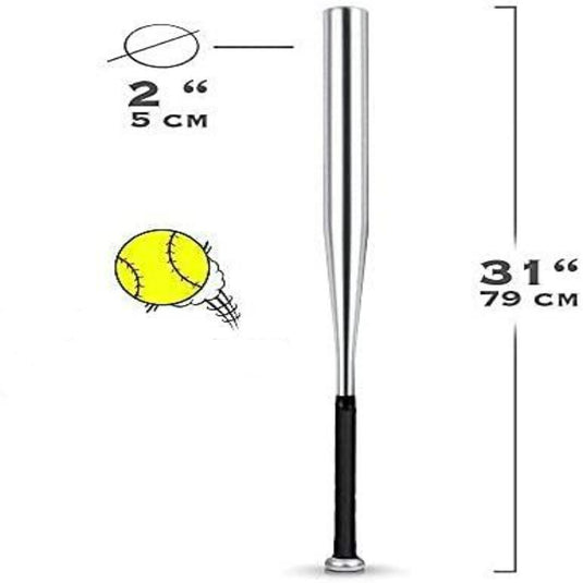 Afbeelding van "Sla harder en nauwkeuriger met onze hoogwaardige honkbalknuppel," een 31-inch zilveren knuppel gemaakt van hoogwaardige materialen met een gele bal. De 2-inch diameter zorgt voor precisie en een illustratie toont de bal die de knuppel nadert, wat de strakke antislip grip benadrukt.