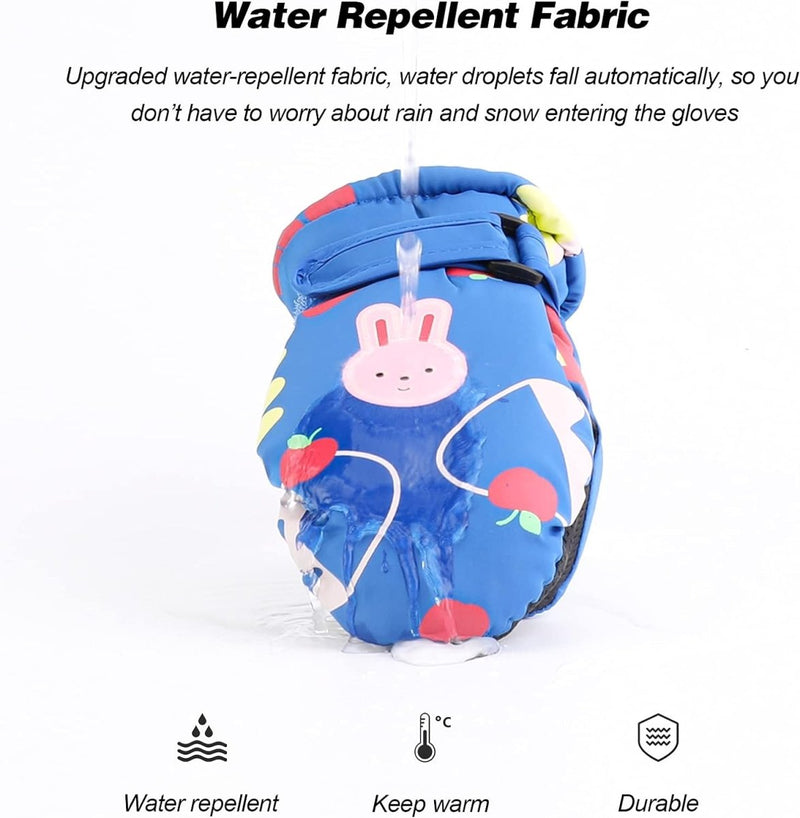 Laad afbeelding in Galerijviewer, De Houd de handen van je kind warm en droog kinderskihandschoenen hebben een cartoonkonijnontwerp dat met water wordt bespat, wat de waterdichte stof illustreert. Pictogrammen benadrukken de waterbestendigheid, antislipgrip, warmtebehoud en duurzaamheid.
