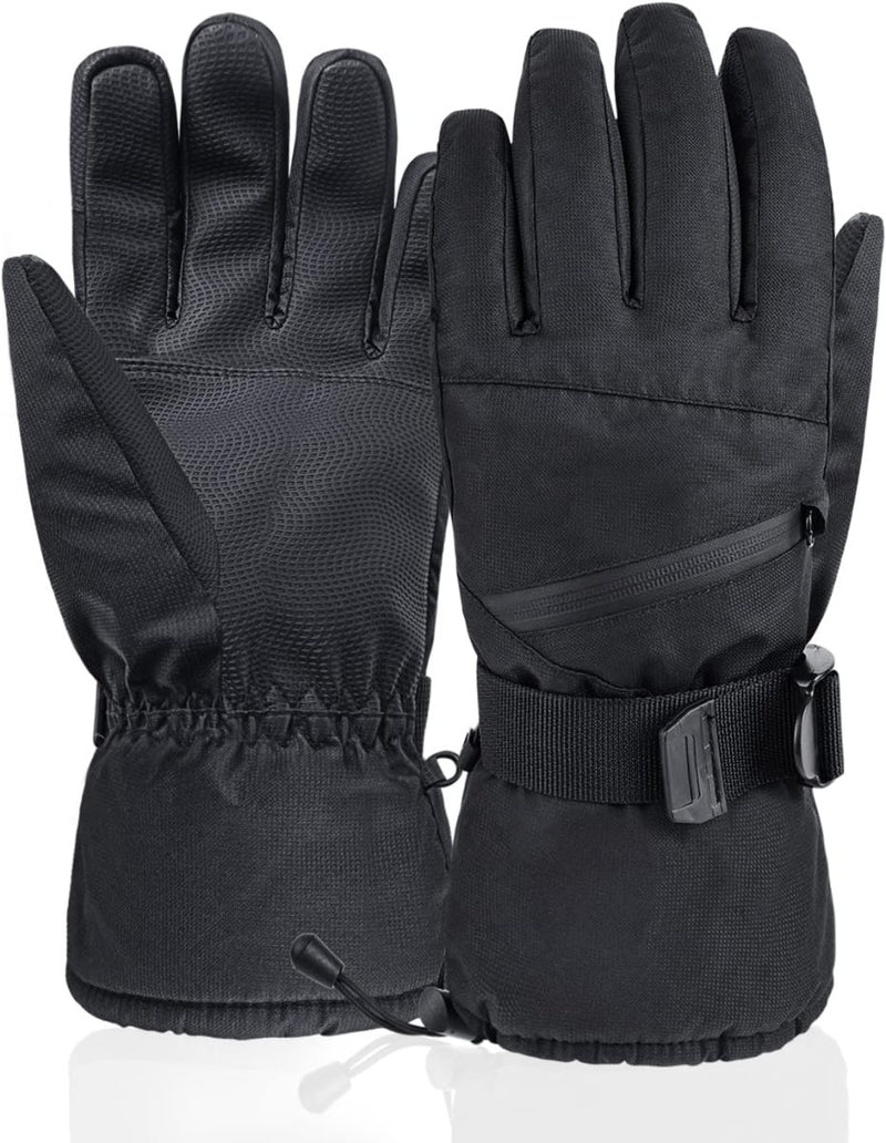 Laad afbeelding in Galerijviewer, De &quot;Houd je handen warm en geniet van de wintersport met deze skihandschoenen&quot; zijn zwart met verstelbare polsbanden, een klein zakje met ritssluiting, getextureerde handgrepen en touchscreen-ondersteuning. Eén handschoen is met de palm naar boven gericht en de andere met de achterkant naar boven.
